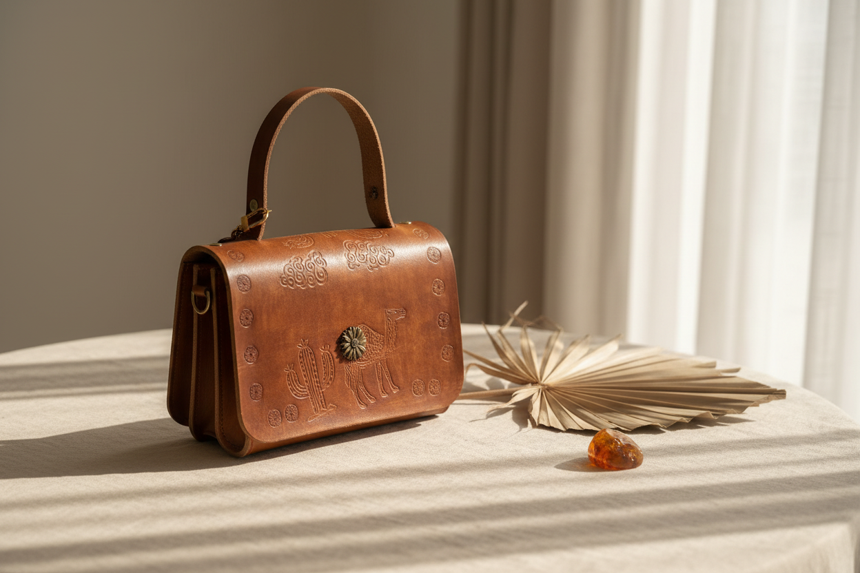The Sahara Bag – lifestyle shot on linen surface